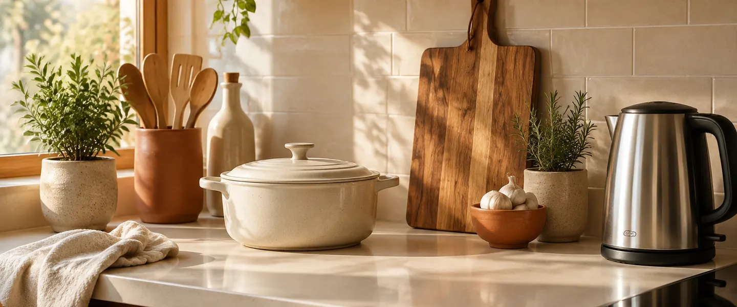 Modern kitchen counter with cutting board, cookware, and kettle in warm morning light