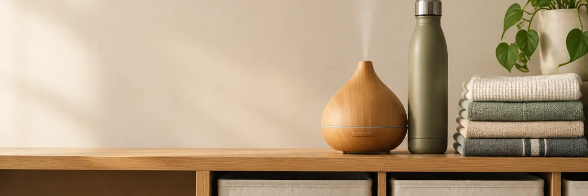 Neat home essentials and organizers on a wooden shelf in soft light